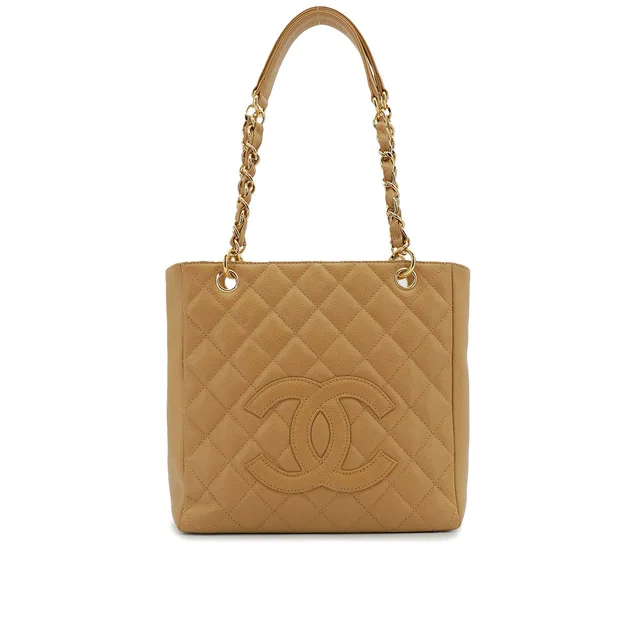 Chanel Vintage Cocomark Chain Tote Bag Beige Caviar Skin Gold Hardware in Beige Caviar leather from Luxury Promise