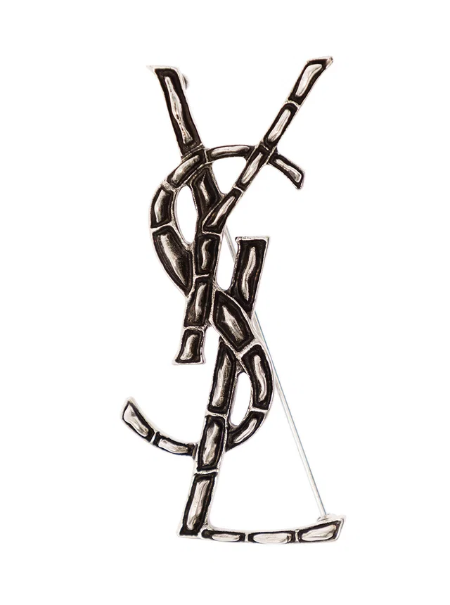 Saint Laurent Monogram Brass Brooch — Silver Brooches & Pins in Silver Crocodile from HEWI