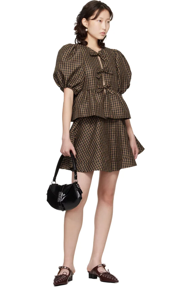 GANNI Brown Crinkled Check Circle Miniskirt, photo 4 of 4 from SSENSE