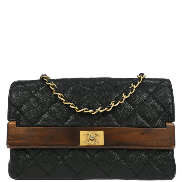 Chanel 2003-2004 Black Caviar Wood Straight Flap Shoulder Bag in Black Caviar leather from AMORE Vintage Tokyo