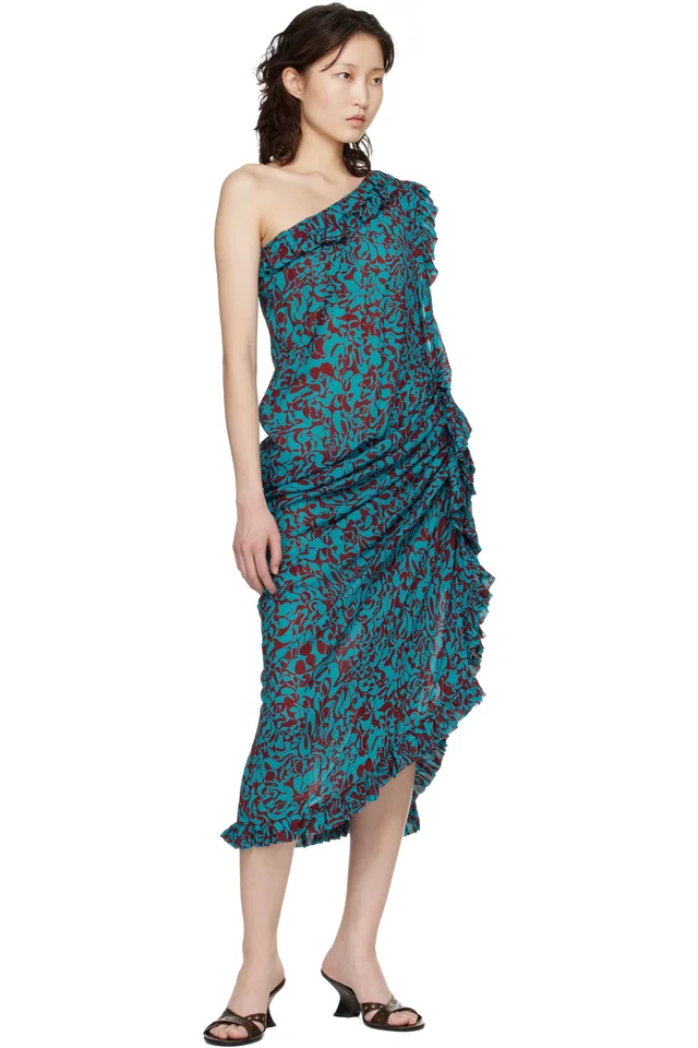 Dries Van Noten Blue & Burgundy Graphic Midi Dress, photo 4 of 4 from SSENSE