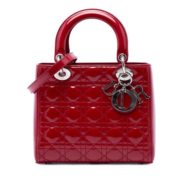Red Dior Medium Patent Cannage Lady Dior Satchel in Red Patent leather from Designer Revival