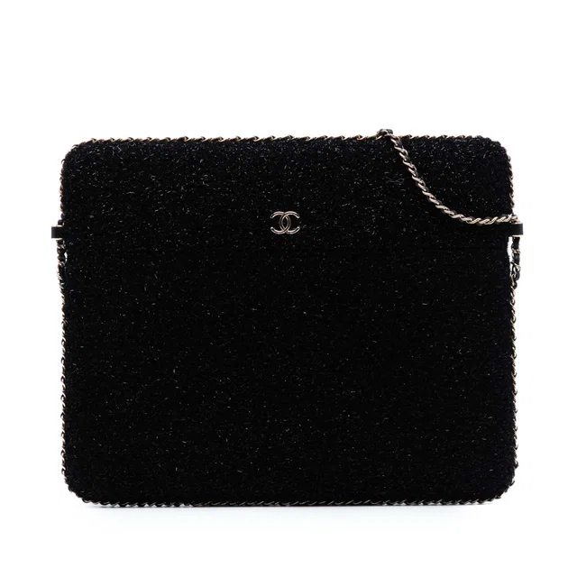 Black Chanel CC Tweed Chain Around Tablet Holder Crossbody in Black Tweed from Designer Revival