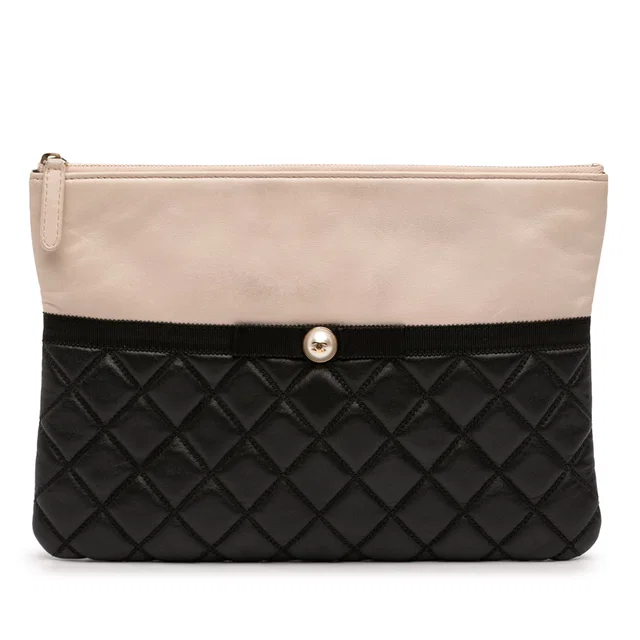 Black Chanel Medium Quilted Lambskin and Calfskin Pearl O Case Clutch in Black Lambskin from Designer Revival