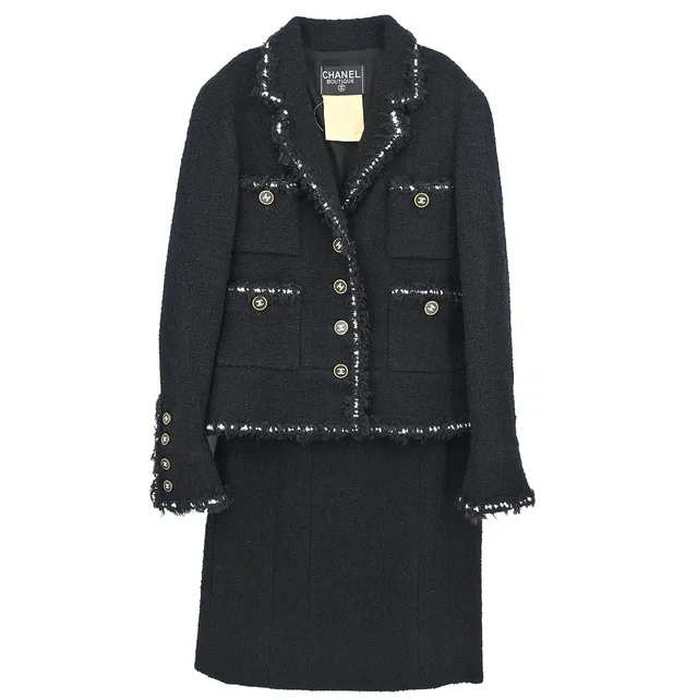 Chanel 1994AW Boutique Museum Black Jacket Skirt Suit Set Braided Trim CC Buttons #38 in Black Wool from AMORE Vintage Tokyo