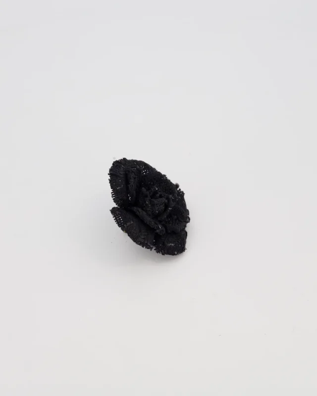 Chanel Embroidered Camelia Brooch with Mixed Fabric Texture in Black from Sellier, photo 3 of 5