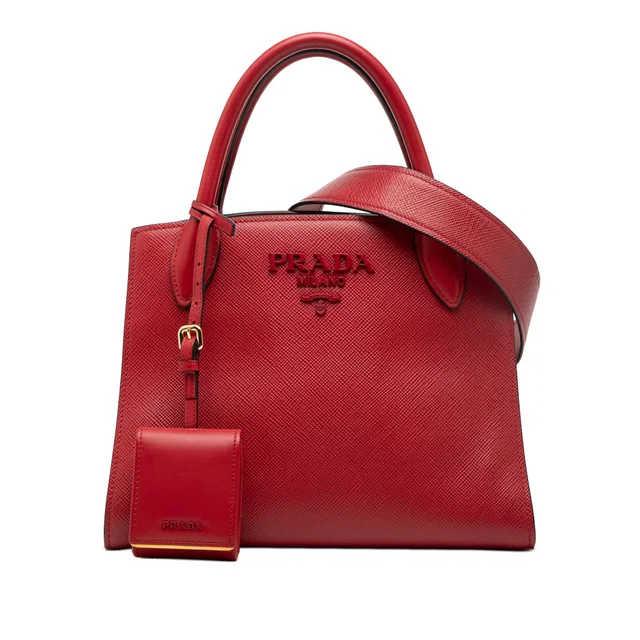 Red Prada Small Saffiano Cuir Monochrome Top Handle Tote Satchel in Red Saffiano leather from Designer Revival