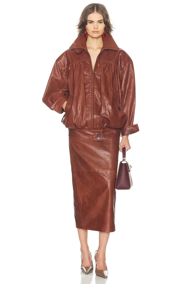 Helsa The Shirred Oversized Leather Jacket in Cognac, photo 3 of 3 from REVOLVE (Canada)