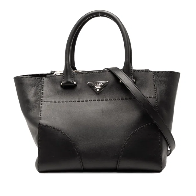 Black Prada Small City Calf Stitched Twin Pocket Satchel in Black Leather from Designer Revival