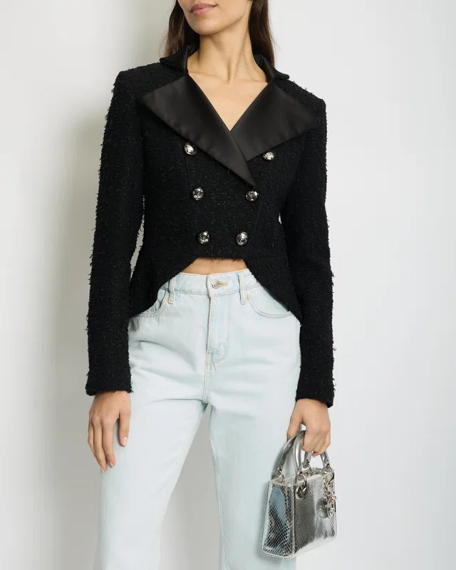 HOT* Chanel 19/K Black Metallic Tweed Cropped Blazer with Satin Collar and Snowflake Buttons… in Black Tweed from Sellier