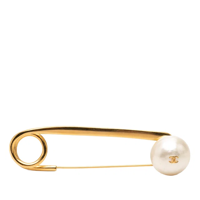 Gold Chanel CC Gold Plated Faux Pearl Safety Pin Brooch in Gold from Designer Revival