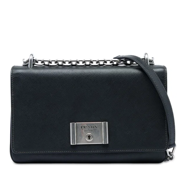 Black Prada Saffiano Lux Lock Chain Flap Crossbody Bag in Black Saffiano leather from Designer Revival