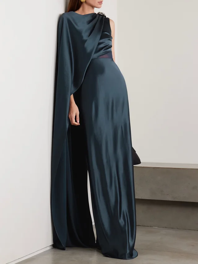 SALONI Phoenix cape-effect crystal-embellished draped satin gown in Blue, photo 2 of 2 from NET-A-PORTER (Canada)