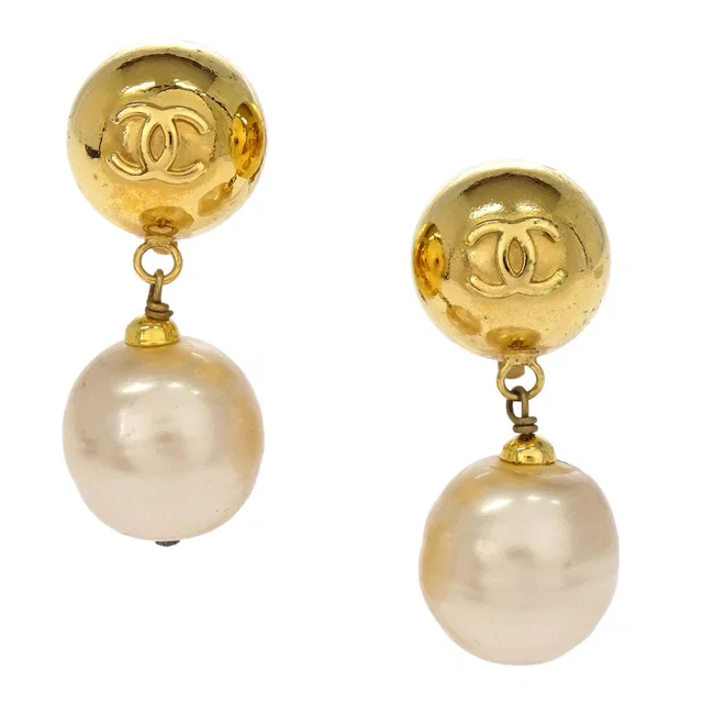 Chanel CC Logos Sphere Costume Pearl Dangle Clip-On Earrings 29 from AMORE Vintage Tokyo