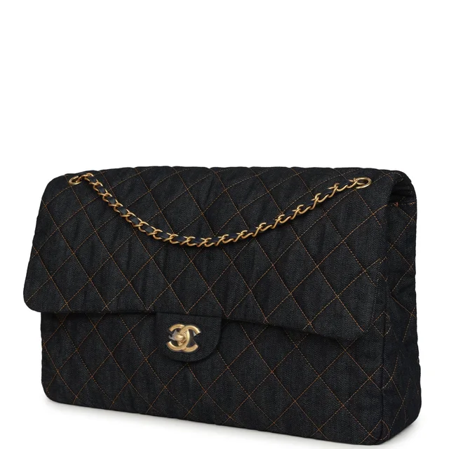 Chanel XXL Classic Single Travel Flap Bag Dark Blue Denim Brushed Gold Hardware in Blue Denim from Madison Avenue Couture, photo 5 of 10