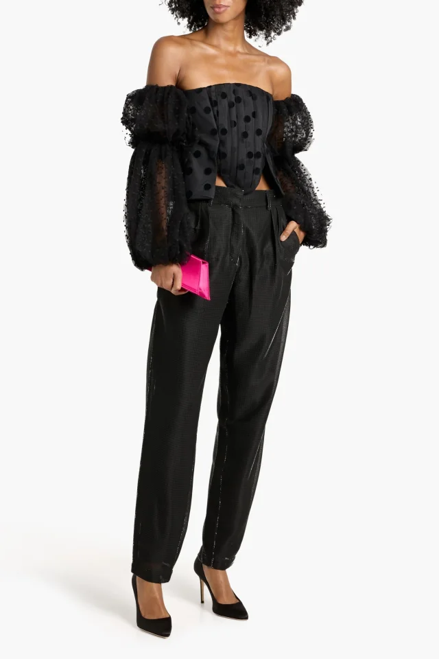 Stella McCartney Off-the-Shoulder Flocked Tulle Cropped Top in Black, photo 2 of 8 from THE OUTNET