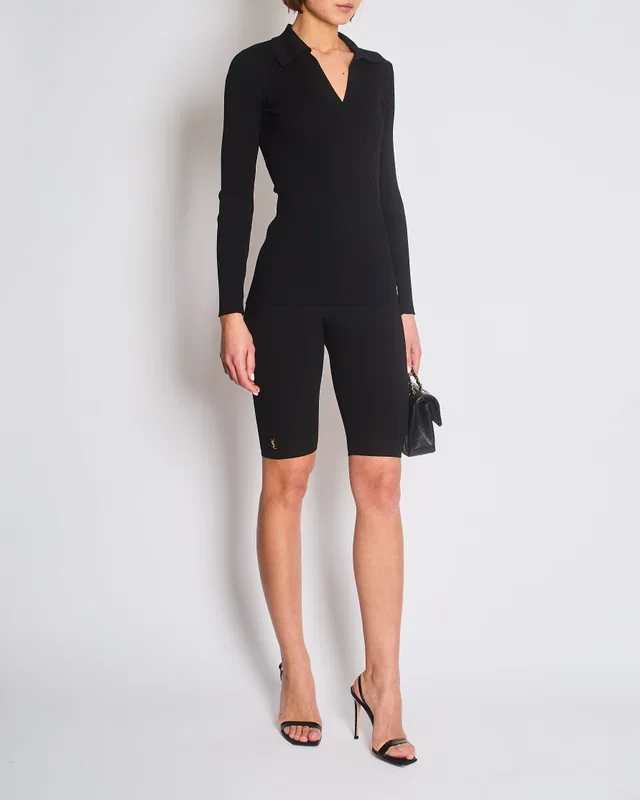 Black Ribbed Biker Leggings with Gold YSL Logo Detail Size FR 38 (UK 10) in Black from Sellier
