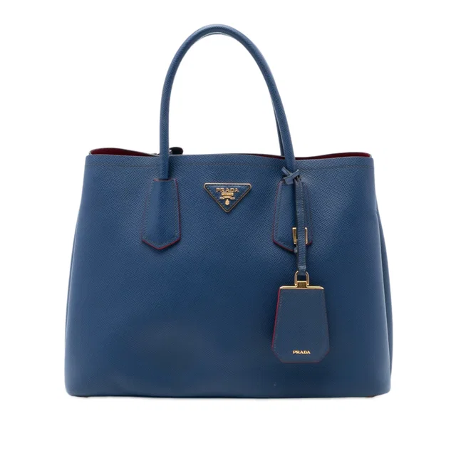 Blue Prada Medium Saffiano Cuir Double Satchel in Blue Saffiano leather from Designer Revival