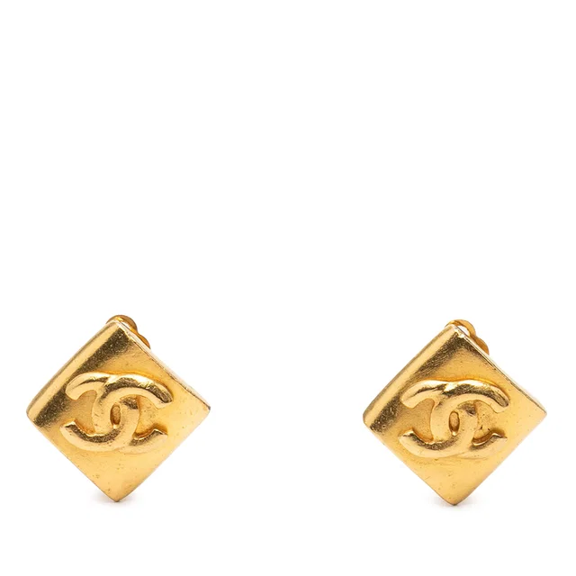 Gold Chanel CC Gold Plated Rhombus Clip on Earrings in Gold from Designer Revival