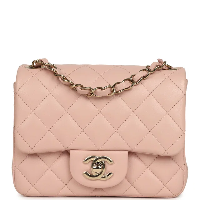 Chanel Mini Classic Square Flap Bag Pink Lambskin Light Gold Hardware in Pink Lambskin from Madison Avenue Couture