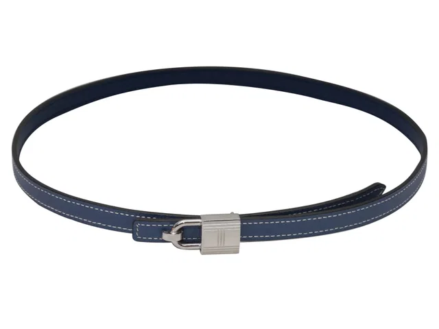 Navy Hermes Skinny Leather Belt in Navy Leather from Designer Revival