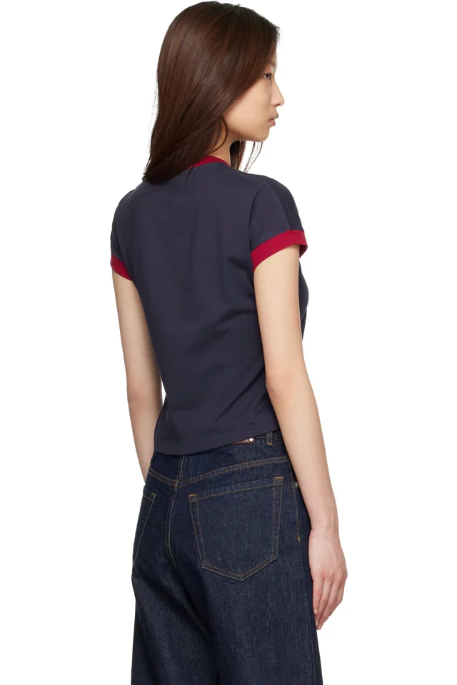 Versace Navy & Red Stretch Cotton-Jersey T-shirt, photo 3 of 4 from SSENSE