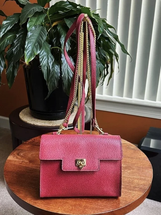 Valentino Garavani Double Strap Textured Leather Shoulder Bag, Burgundy in gold|red Leather from Poshmark, photo 4 of 15