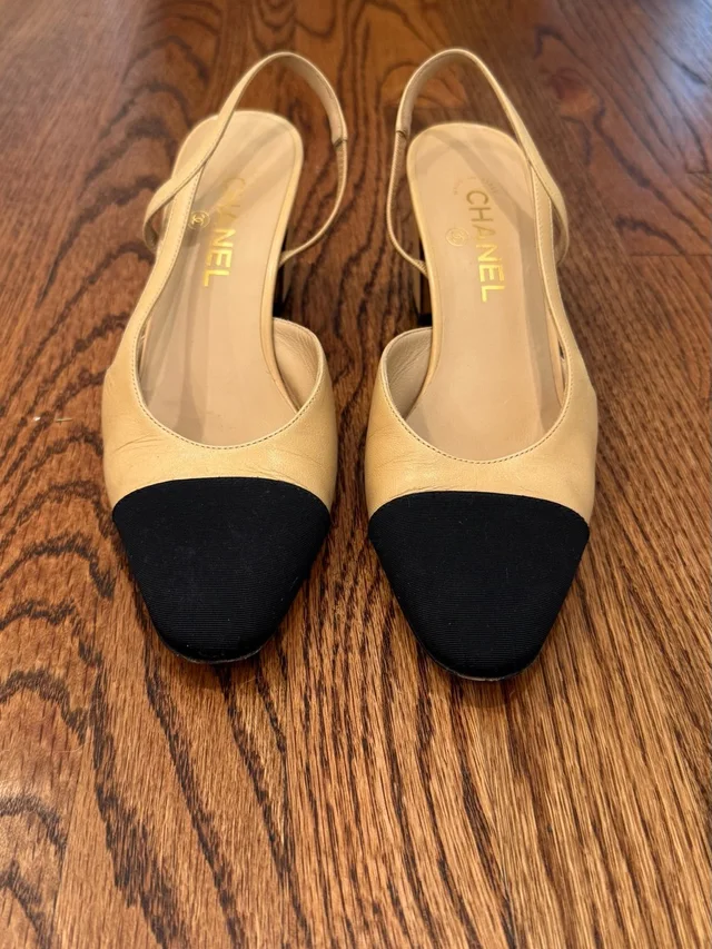 Chanel Beige And Black Slingback Mules in brown|neutral|black Leather from Poshmark