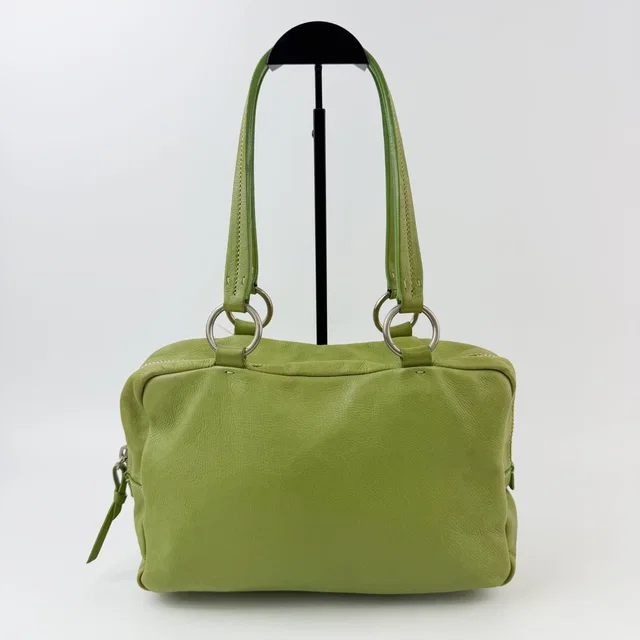 Miu Miu Logo Plate Mini Boston Shoulder Bag Leather Lime Green Silver Vintage in Green Leather from The Reluxe