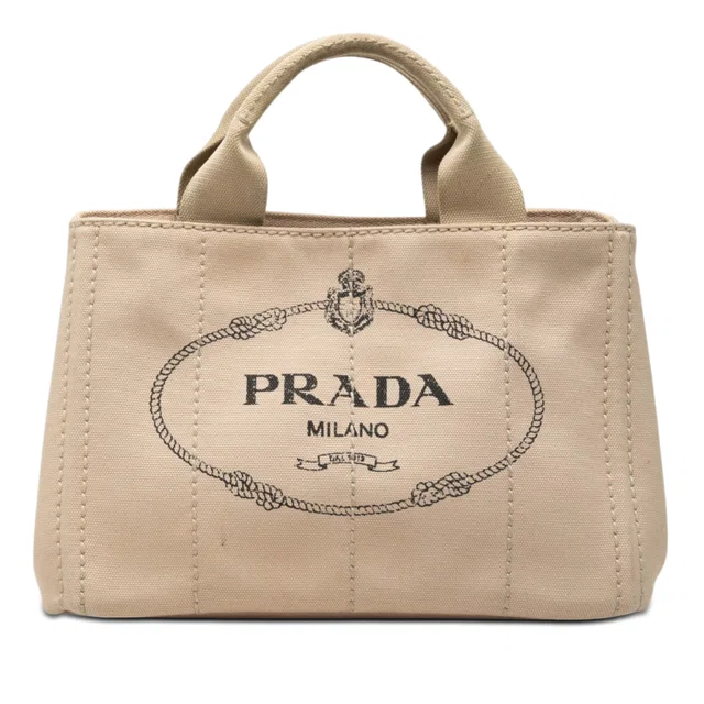 Beige Prada Small Canvas Canapa Logo Tote Satchel in Beige Canvas from Designer Revival