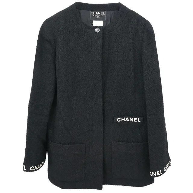 Chanel 1995 Collarless Jacket Black #40 in Black Nylon from AMORE Vintage Tokyo