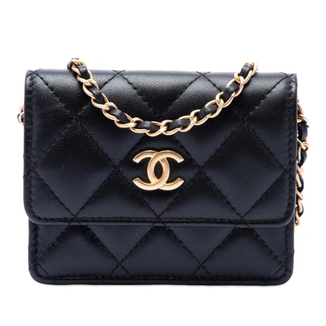 Black Chanel Quilted Lambskin Romance Card Holder On Chain Crossbody Bag in Black Lambskin from Designer Revival