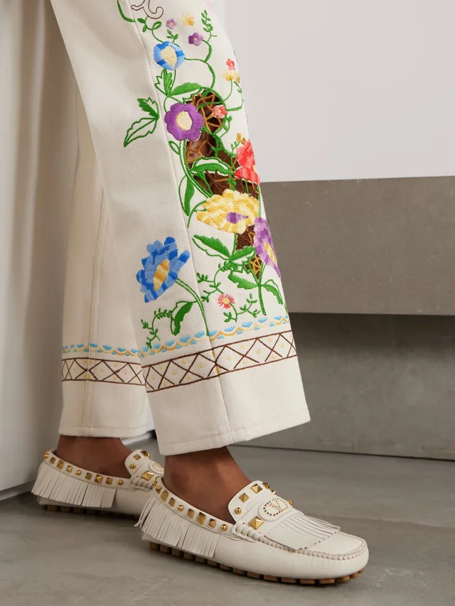 VALENTINO GARAVANI Plaster Caster Driver fringed studded textured-leather loafers in White, photo 2 of 2 from NET-A-PORTER (Canada)