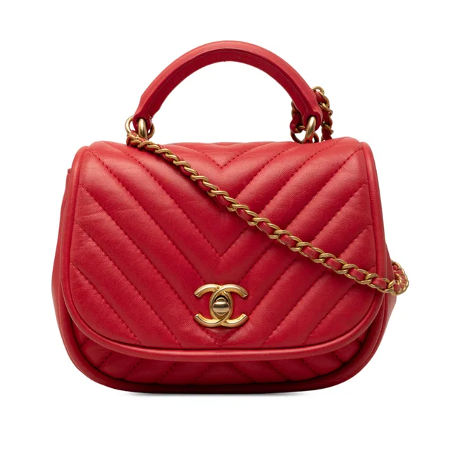Red Chanel Mini CC Chevron Lambskin Reversed Round Flap Satchel in Red Lambskin from Designer Revival