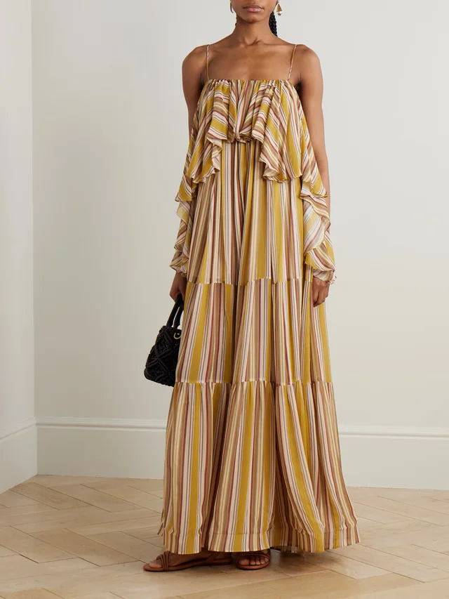 ZIMMERMANN Rebellion ruffled tiered striped crepe de chine midi dress in Yellow, photo 2 of 2 from NET-A-PORTER (Canada)