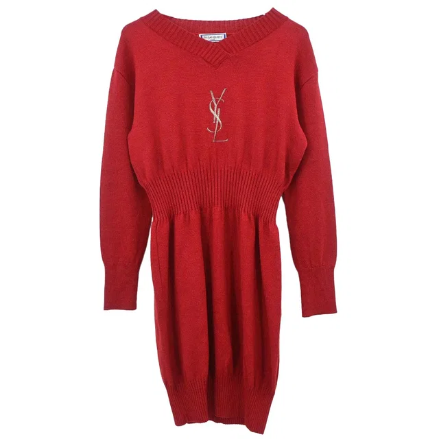Saint Laurent Knit Dress Red #M in Red Silk from AMORE Vintage Tokyo