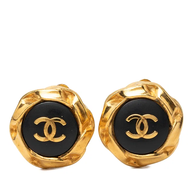 Gold Chanel CC Gold Plated and Enamel Button Clip On Earrings in Gold from Designer Revival