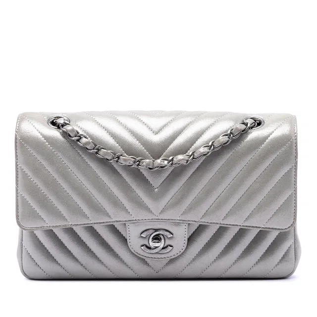 Silver Chanel Medium Classic Chevron Iridescent Lambskin Double Flap Shoulder Bag in Silver Lambskin from Designer Revival