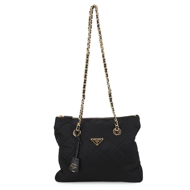 Prada Tote Bag Re Edition Chain Shoulder Nylon Saffiano Leather Black in Black Saffiano leather from The Reluxe