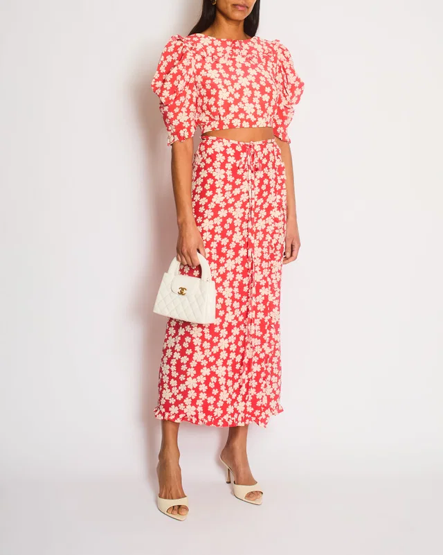 Miu Miu Red and White Floral Logo Maxi Skirt and Top Set with Small Logo Details Size IT 38 (UK 6) in White Silk from Sellier