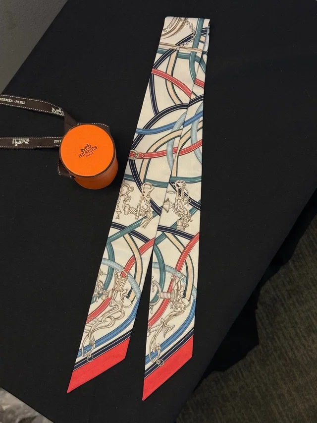 Hermès Twilly - Ivory, Blue & Red Equestrian Print in White Silk from Luxury Promise