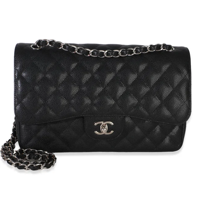 Chanel Black Quilted Caviar Jumbo Double Flap Handbag in Black Caviar leather from myGemma