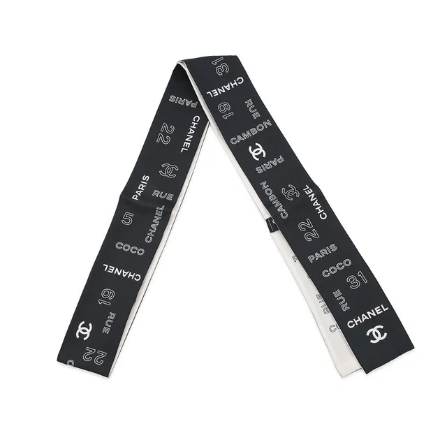 Chanel Scarf Icon motif CC logo Black/White Silk100% in Black from GALLERY RARE