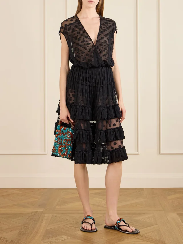 DRIES VAN NOTEN Ruffled polka-dot cotton-blend mesh midi dress in Black, photo 2 of 2 from NET-A-PORTER (Canada)