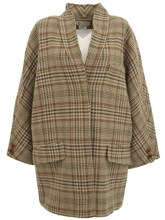 Gucci Plaid Logo Button Coat #46 Beige/Brown in Brown Wool from VINTAGE QOO TOKYO