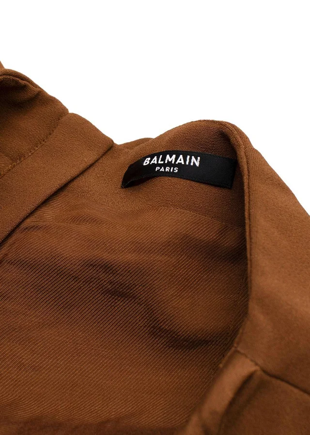 Balmain Tan Satin Skort with Gold Button Detail in Brown Satin from HEWI