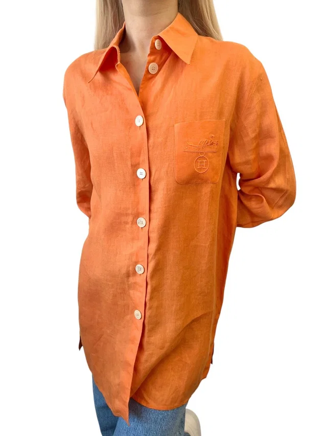 Hermès Vintage H Logo Horse Carriage Embroidery Shirt #36 Orange Linen Button in Orange from Luxury Promise