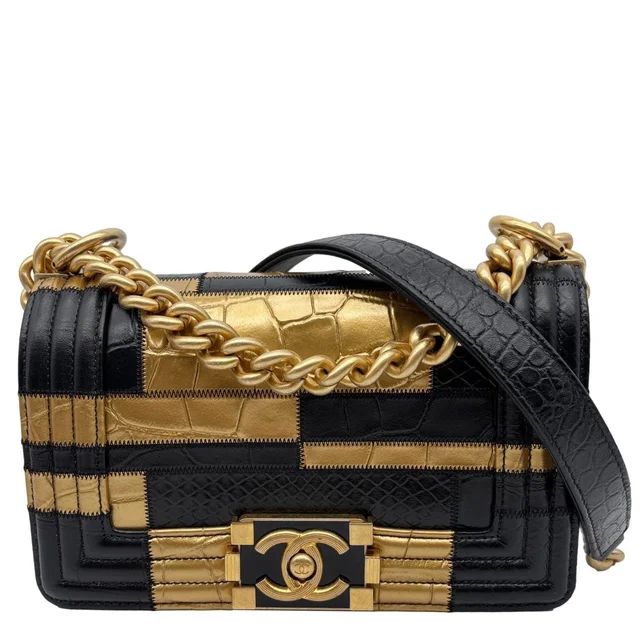 Chanel Boy Flap Small Crocodile Embossed Leather Shoulder Bag Gold in Gold Crocodile from Dallas Designer Handbags