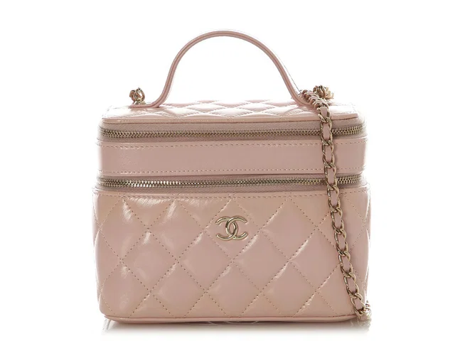 Chanel Pink Quilted Lambskin Double Vanity Cosmetic Case in Pink Lambskin from Ann's Fabulous Finds