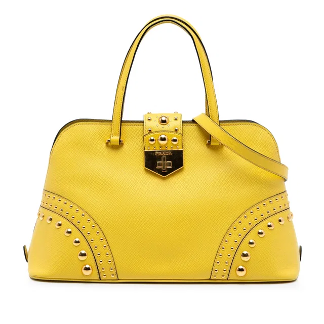 Yellow Prada Studded Saffiano Cuir Promenade Satchel in Yellow Saffiano leather from Designer Revival